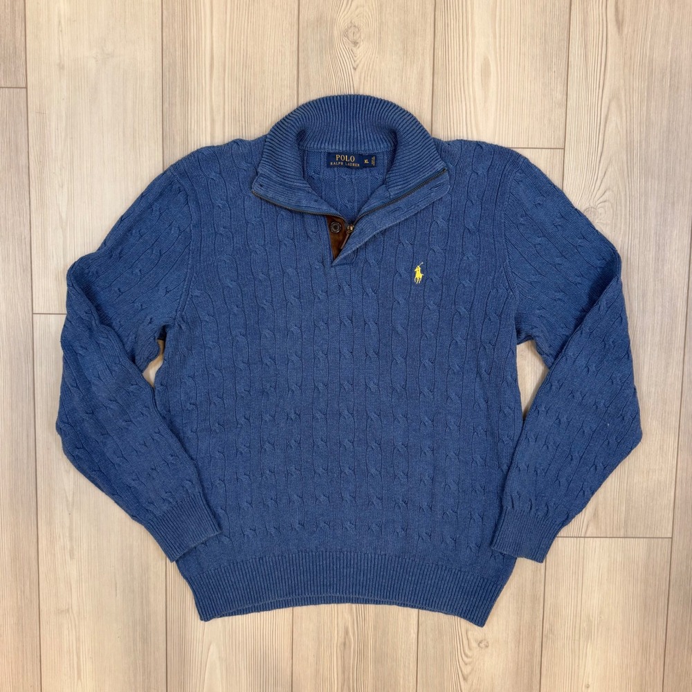 Polo Ralph Lauren Mens XL Blue Cable Knit 100% Tussah Silk Quarter Zip Sweater